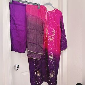 Pink and Purple Embroidered Ethnic Outfit 3 pc set